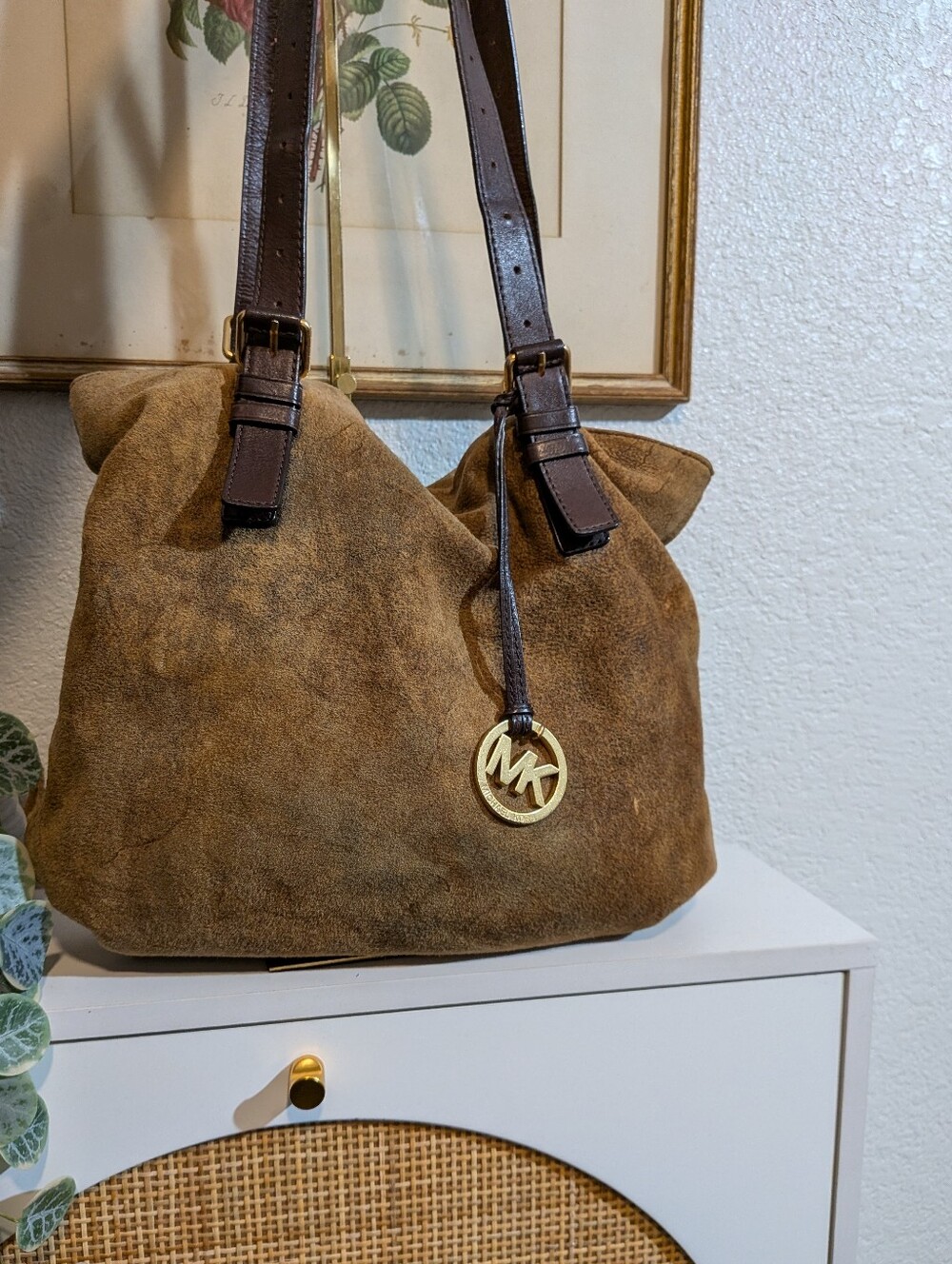Michael Kors Brown Suede Shoulder Bag with Gold MK Charm